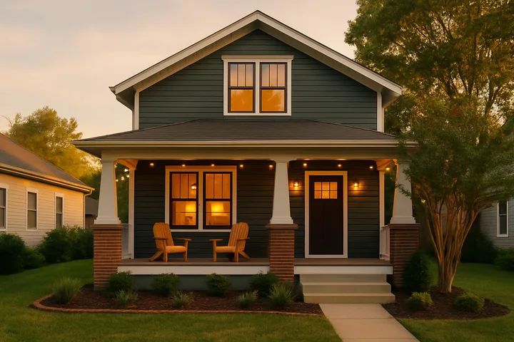 East Nashville modern craftsman bungalow Airbnb exterior at golden hour